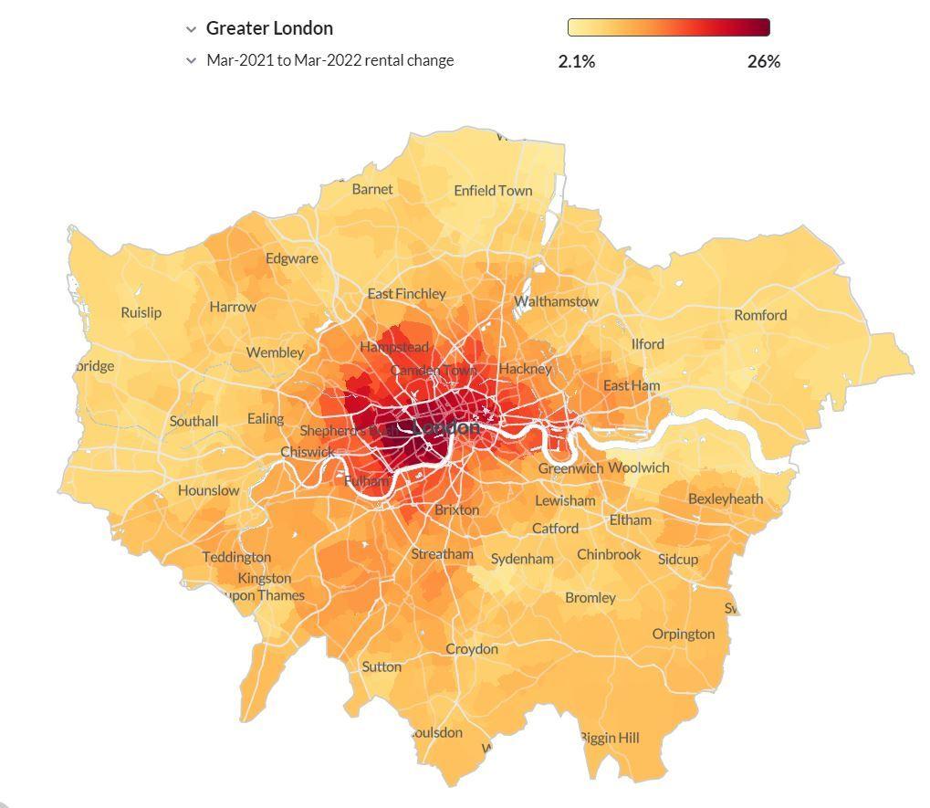 London Rental Prices between March 2021 and March 2022